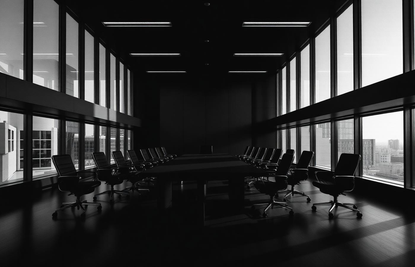 Empty modern boardroom with city views