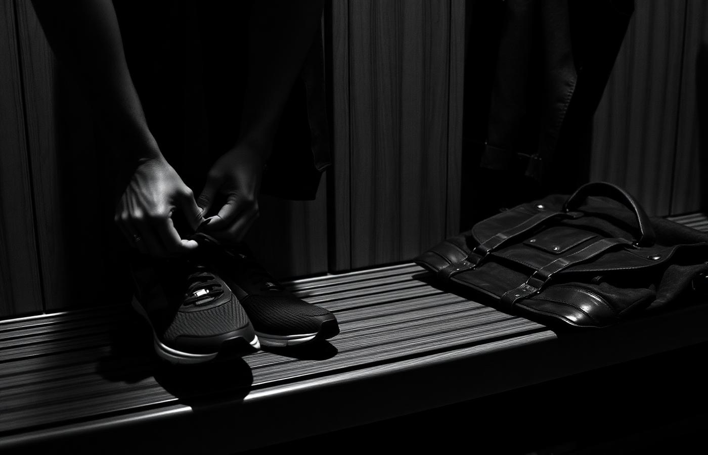 Running shoes beside a suit jacket and briefcase on a locker room bench